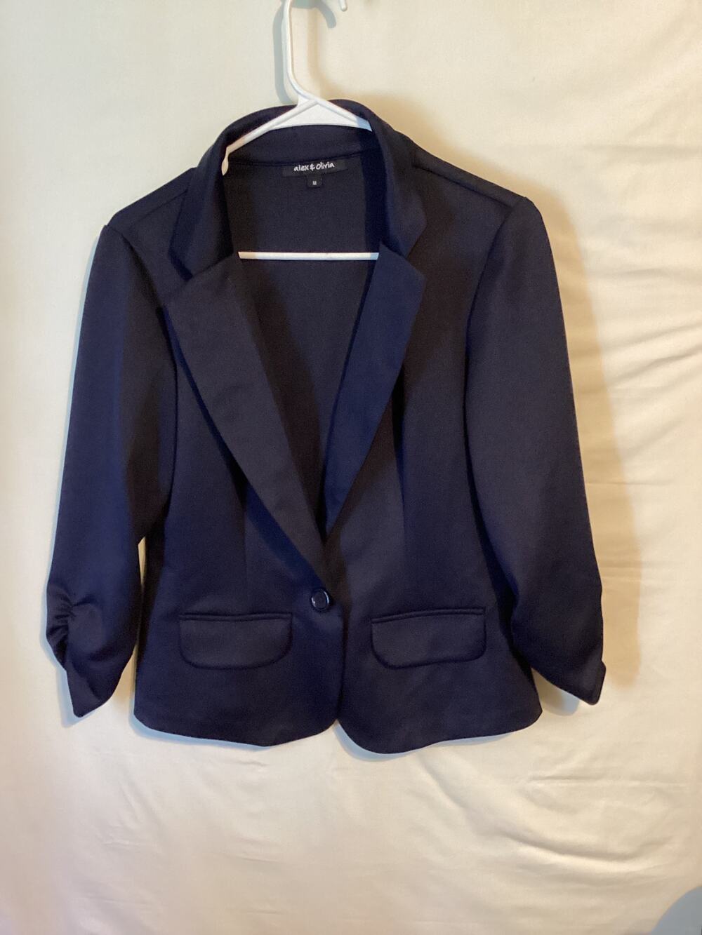 1176 Alex & Olivia Working Blazer Black Stretch Pockets Ruched Sleeves Small